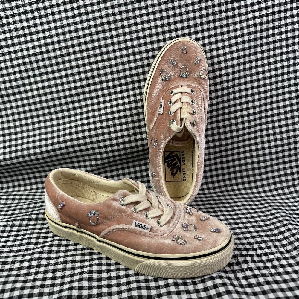 Vans X Sandy Liang Women's Pink Velvet Sneakers Lace Up Pierced Rhinestone Sz 6